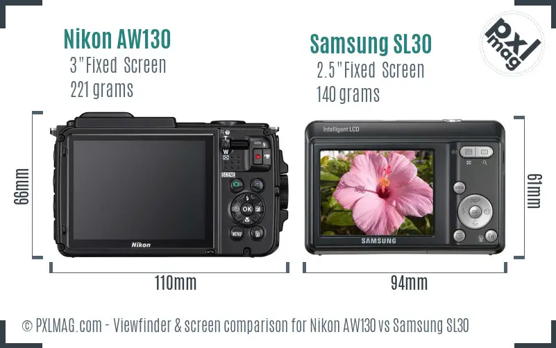 Nikon AW130 vs Samsung SL30 Screen and Viewfinder comparison