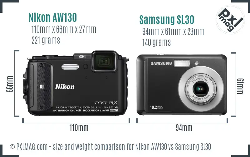 Nikon AW130 vs Samsung SL30 size comparison