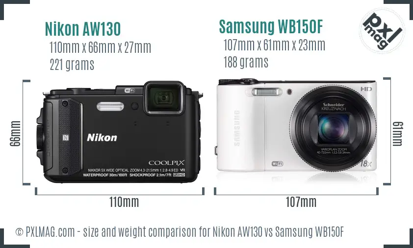 Nikon AW130 vs Samsung WB150F size comparison