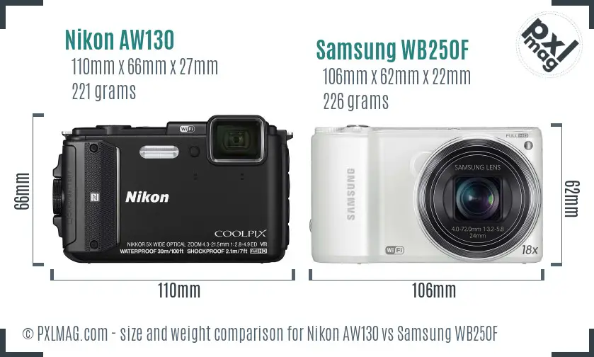 Nikon AW130 vs Samsung WB250F size comparison