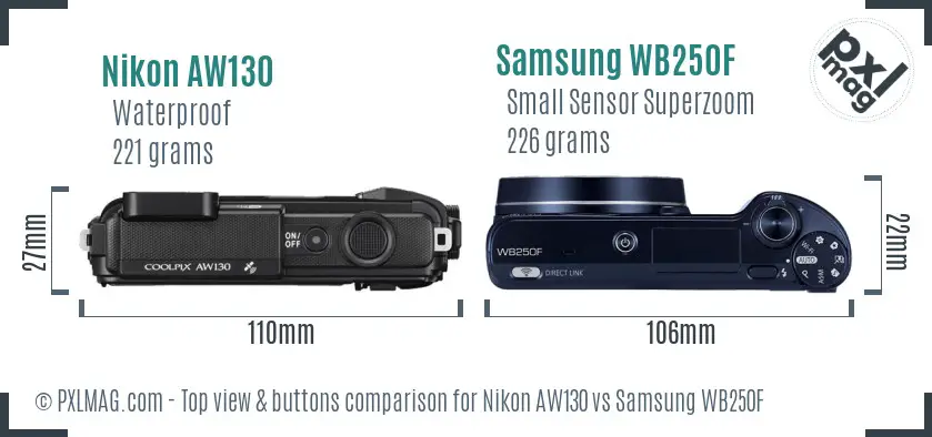 Nikon AW130 vs Samsung WB250F top view buttons comparison