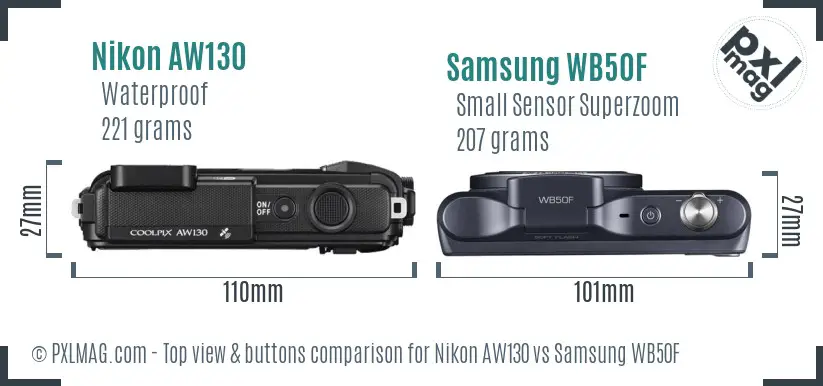 Nikon AW130 vs Samsung WB50F top view buttons comparison