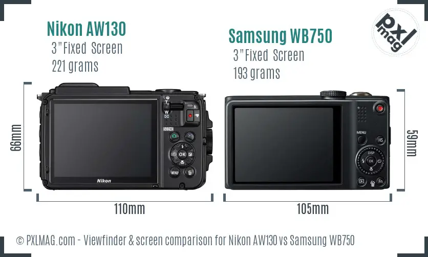 Nikon AW130 vs Samsung WB750 Screen and Viewfinder comparison