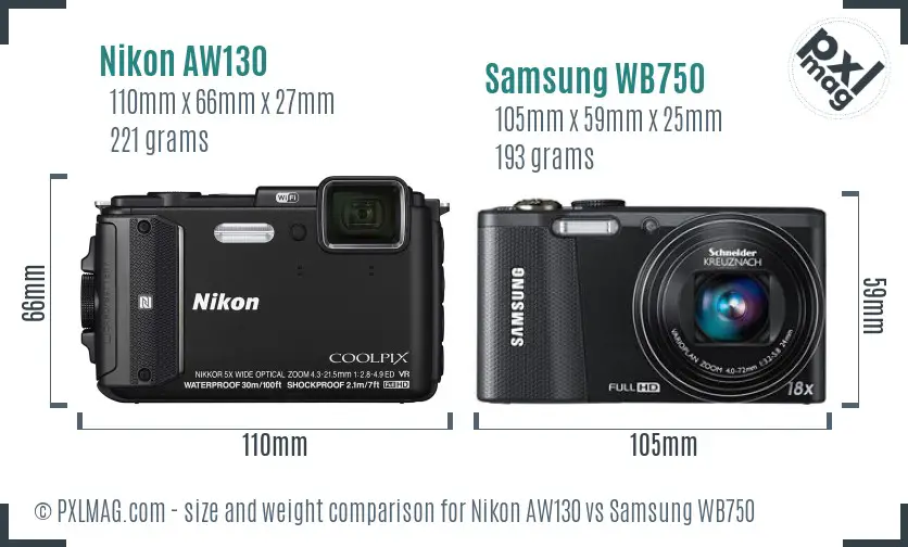 Nikon AW130 vs Samsung WB750 size comparison