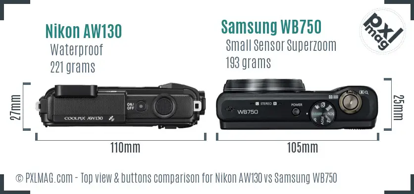 Nikon AW130 vs Samsung WB750 top view buttons comparison