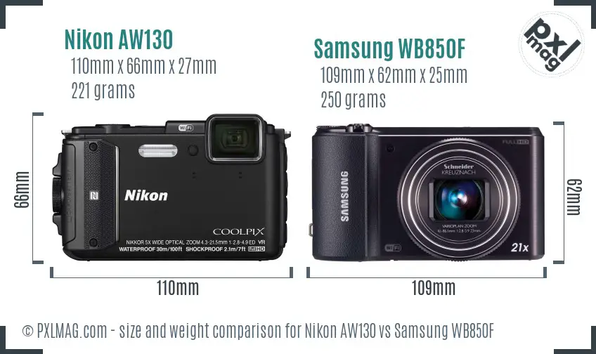 Nikon AW130 vs Samsung WB850F size comparison