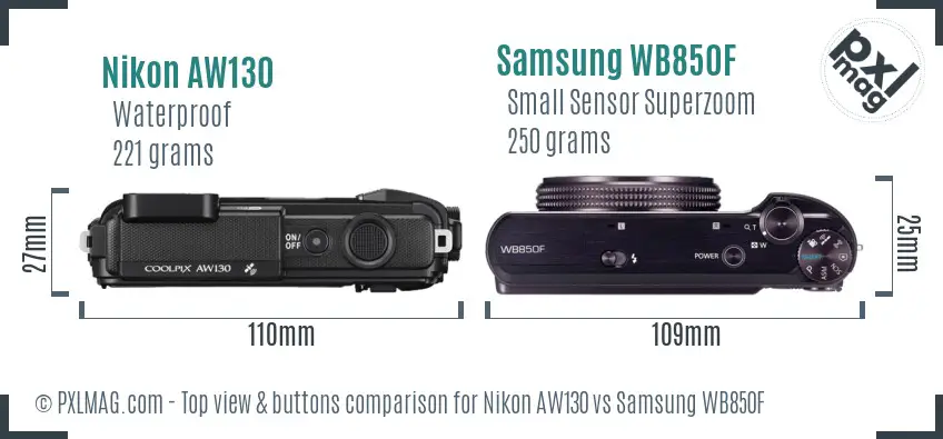 Nikon AW130 vs Samsung WB850F top view buttons comparison