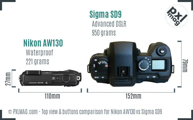 Nikon AW130 vs Sigma SD9 top view buttons comparison