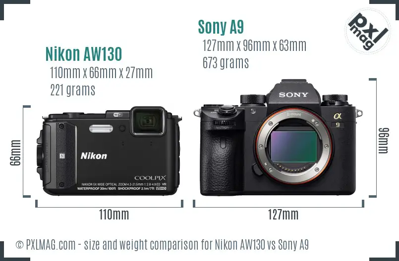 Nikon AW130 vs Sony A9 size comparison