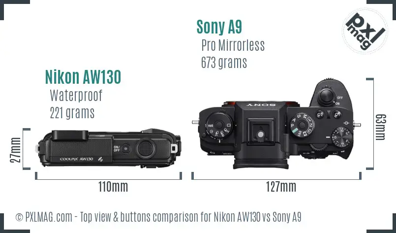 Nikon AW130 vs Sony A9 top view buttons comparison