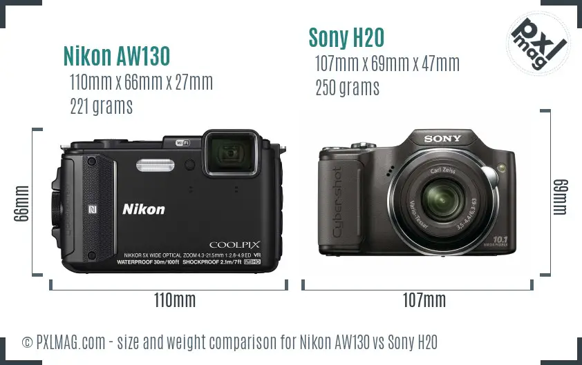 Nikon AW130 vs Sony H20 size comparison