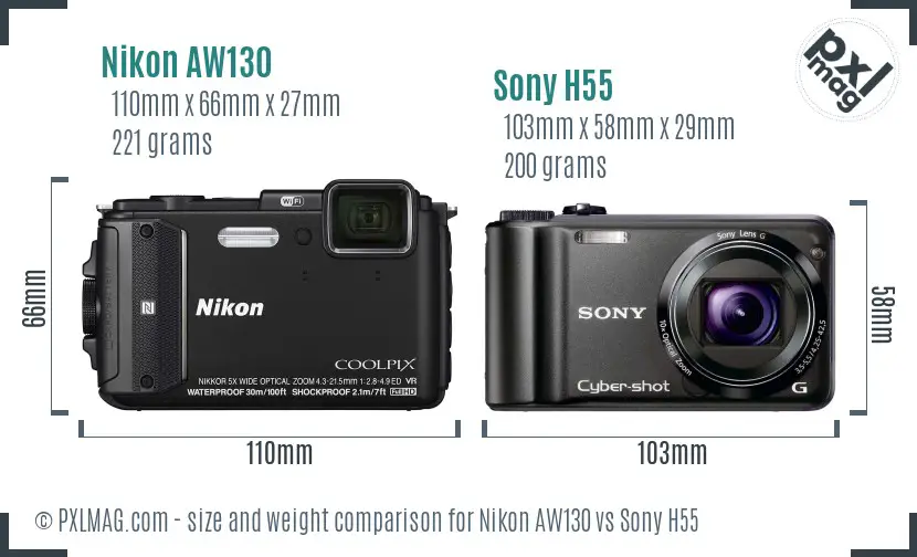 Nikon AW130 vs Sony H55 size comparison