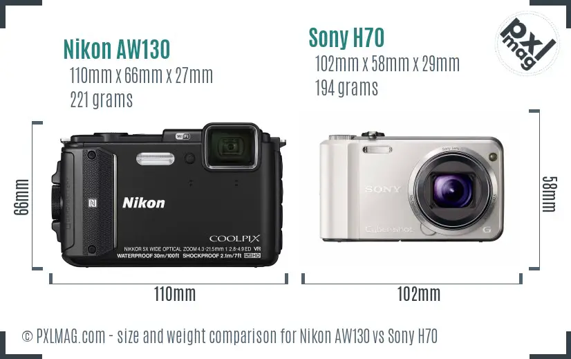 Nikon AW130 vs Sony H70 size comparison