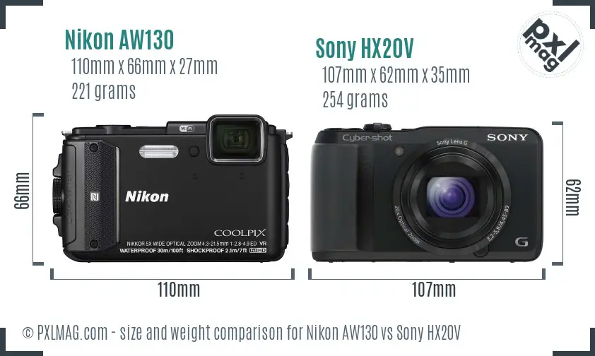 Nikon AW130 vs Sony HX20V size comparison