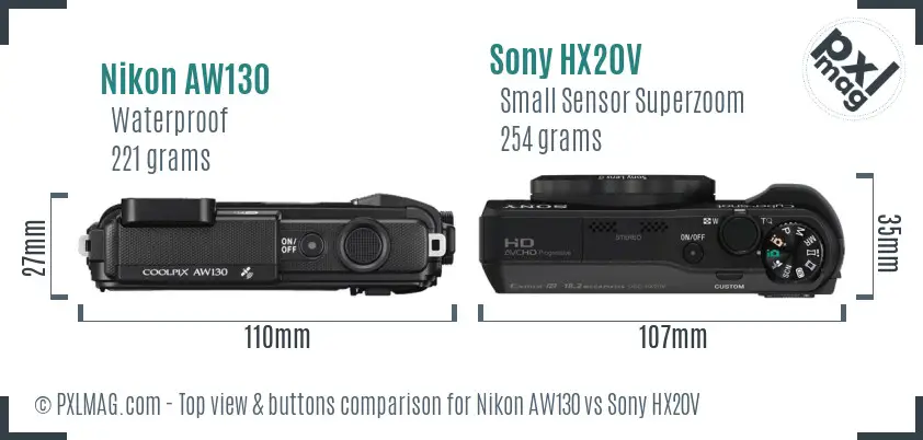 Nikon AW130 vs Sony HX20V top view buttons comparison