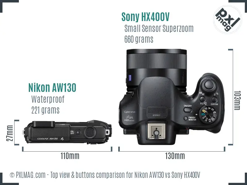 Nikon AW130 vs Sony HX400V top view buttons comparison