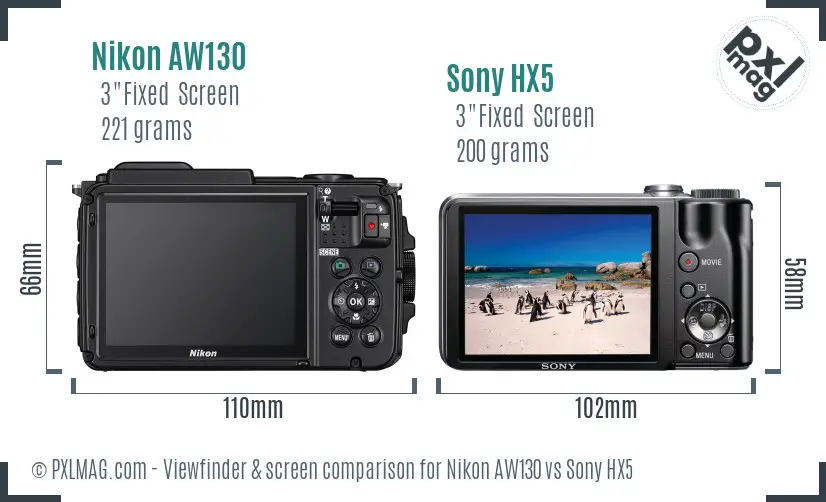 Nikon AW130 vs Sony HX5 Screen and Viewfinder comparison