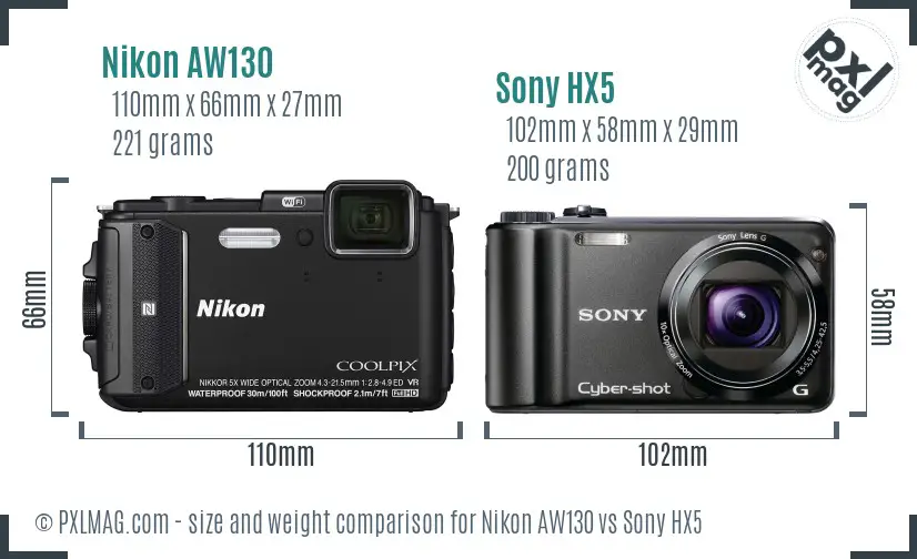 Nikon AW130 vs Sony HX5 size comparison