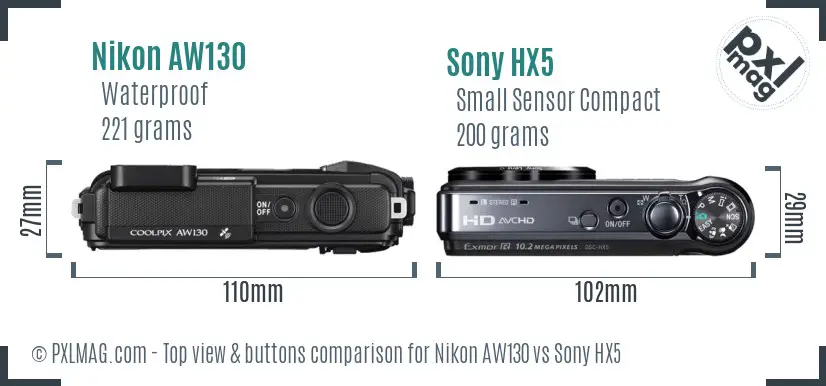 Nikon AW130 vs Sony HX5 top view buttons comparison