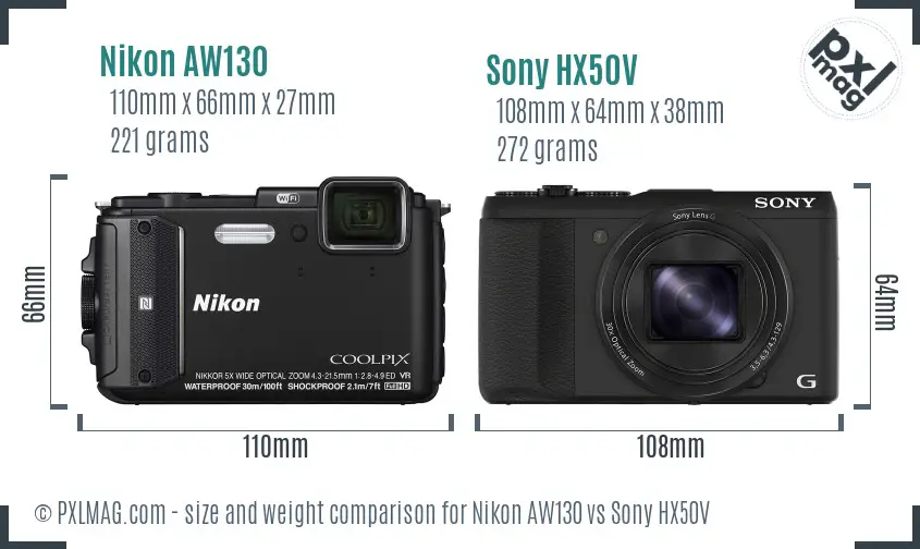 Nikon AW130 vs Sony HX50V size comparison