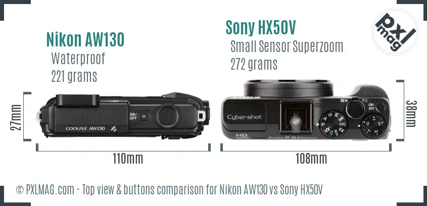 Nikon AW130 vs Sony HX50V top view buttons comparison