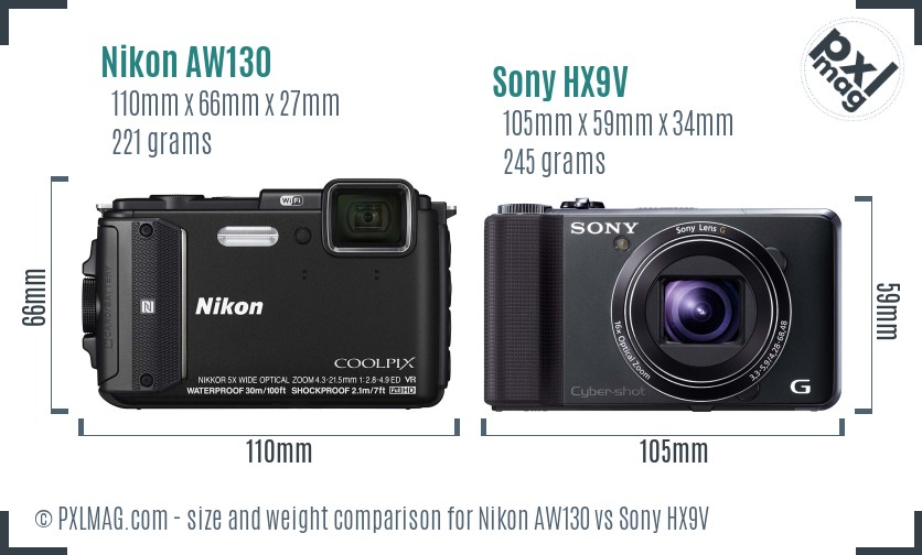 Nikon AW130 vs Sony HX9V size comparison Nikon AW130 vs Sony HX9V size comparison