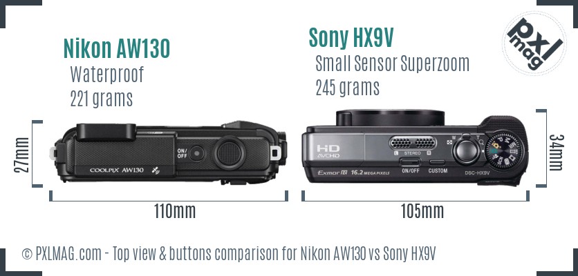 Nikon AW130 vs Sony HX9V top view buttons comparison