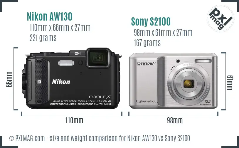 Nikon AW130 vs Sony S2100 size comparison