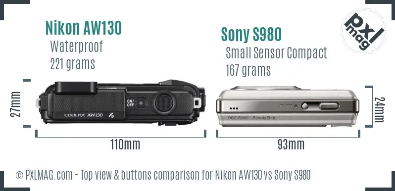 Nikon AW130 vs Sony S980 top view buttons comparison Nikon AW130 vs Sony S980 top view buttons comparison