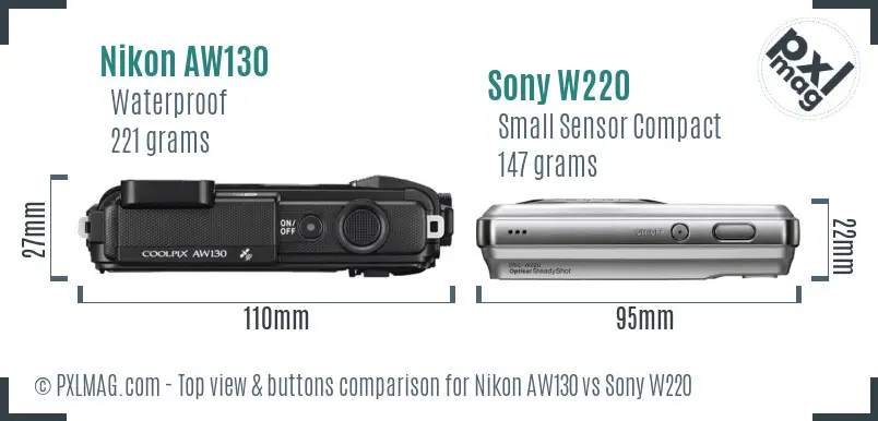 Nikon AW130 vs Sony W220 top view buttons comparison Nikon AW130 vs Sony W220 top view buttons comparison