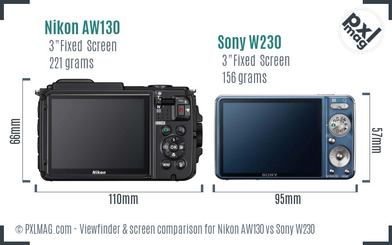 Nikon AW130 vs Sony W230 Screen and Viewfinder comparison