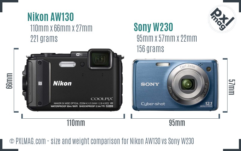 Nikon AW130 vs Sony W230 size comparison