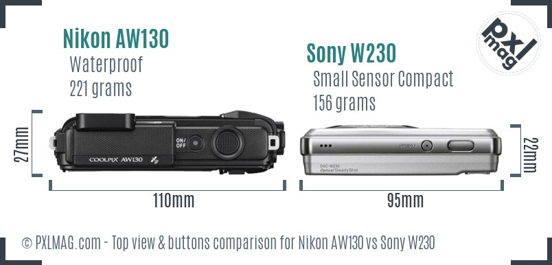 Nikon AW130 vs Sony W230 top view buttons comparison