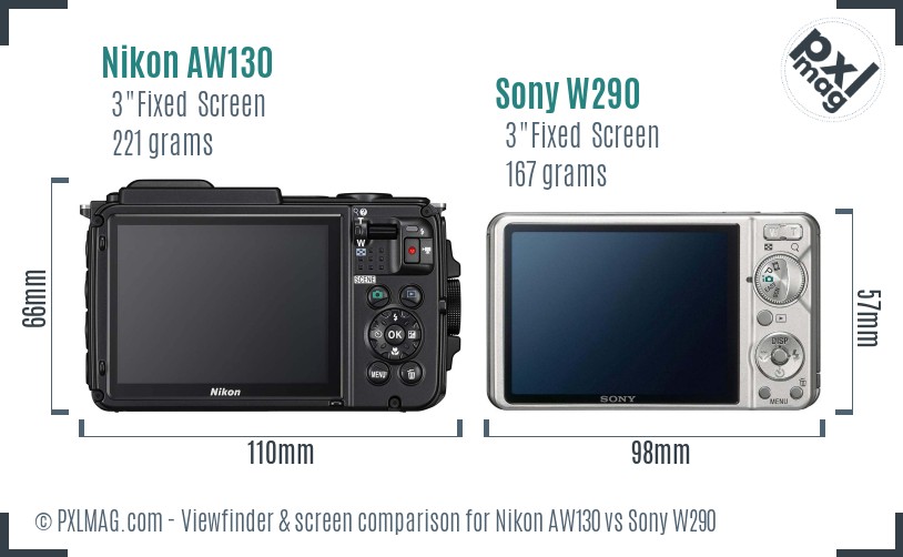 Nikon AW130 vs Sony W290 Screen and Viewfinder comparison