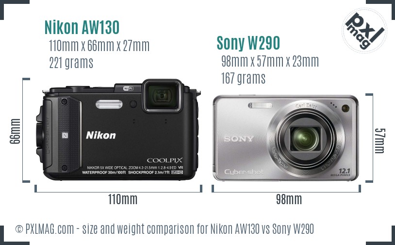 Nikon AW130 vs Sony W290 size comparison Nikon AW130 vs Sony W290 size comparison