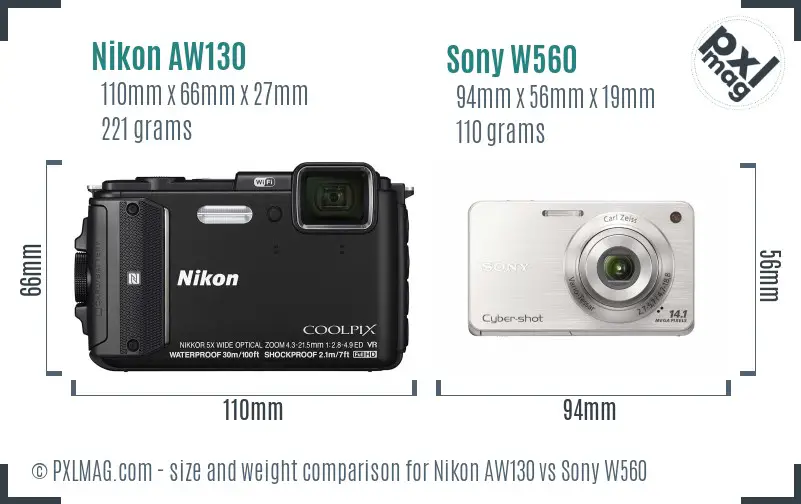 Nikon AW130 vs Sony W560 size comparison