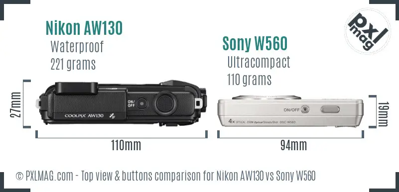 Nikon AW130 vs Sony W560 top view buttons comparison