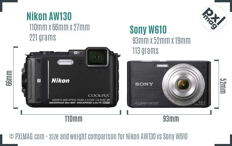 Nikon AW130 vs Sony W610 size comparison