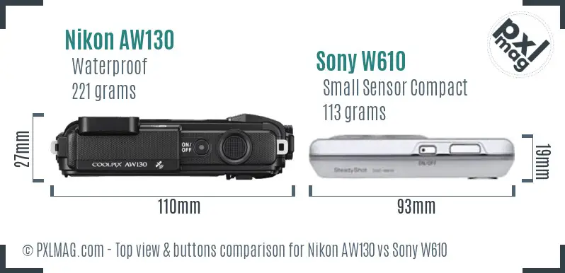 Nikon AW130 vs Sony W610 top view buttons comparison