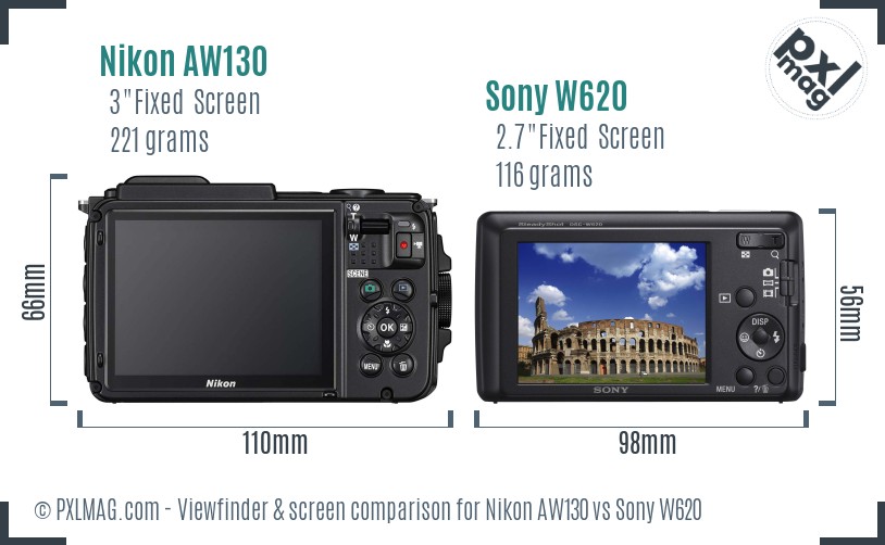 Nikon AW130 vs Sony W620 Screen and Viewfinder comparison