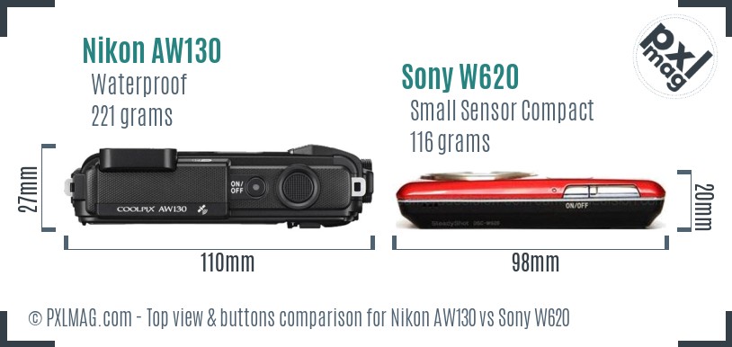 Nikon AW130 vs Sony W620 top view buttons comparison