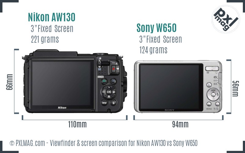 Nikon AW130 vs Sony W650 Screen and Viewfinder comparison