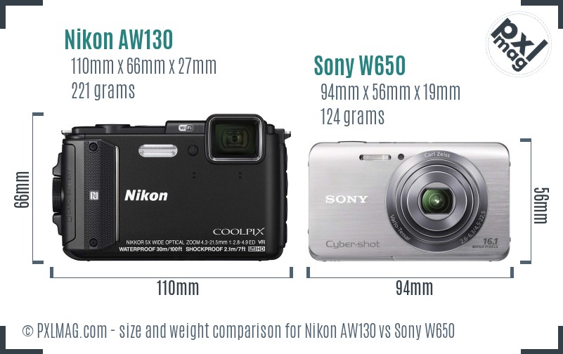 Nikon AW130 vs Sony W650 size comparison