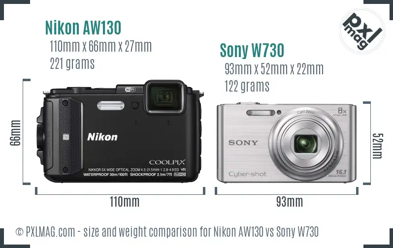 Nikon AW130 vs Sony W730 size comparison