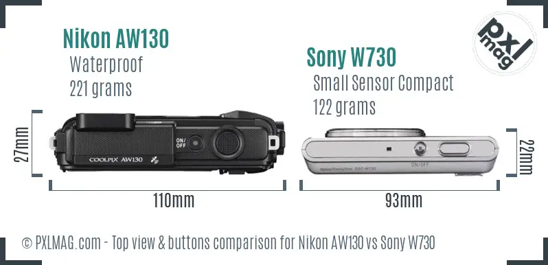 Nikon AW130 vs Sony W730 top view buttons comparison