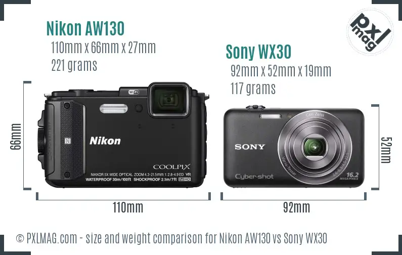 Nikon AW130 vs Sony WX30 size comparison Nikon AW130 vs Sony WX30 size comparison
