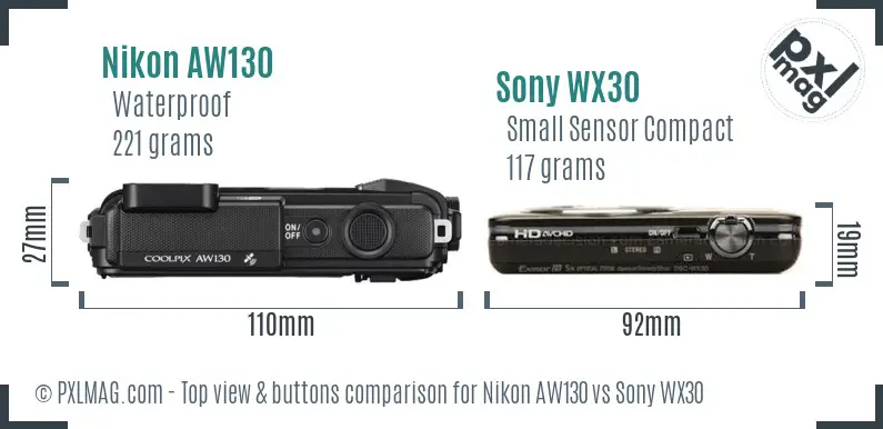 Nikon AW130 vs Sony WX30 top view buttons comparison Nikon AW130 vs Sony WX30 top view buttons comparison