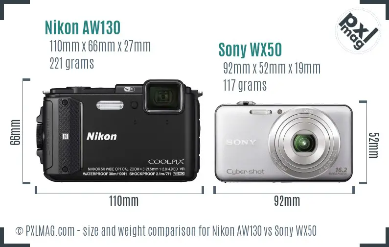 Nikon AW130 vs Sony WX50 size comparison