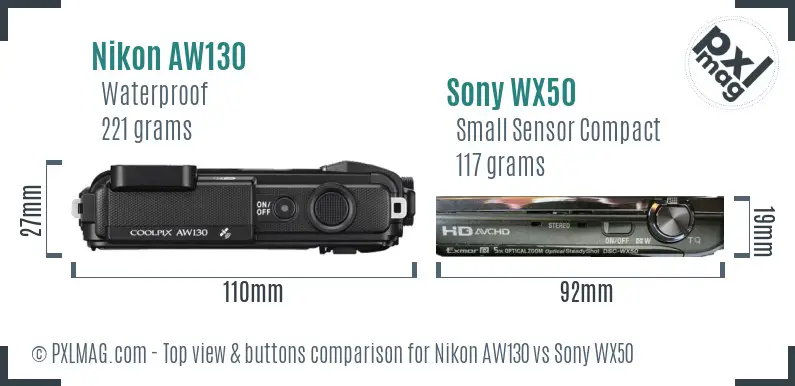 Nikon AW130 vs Sony WX50 top view buttons comparison