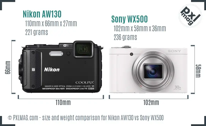 Nikon AW130 vs Sony WX500 size comparison